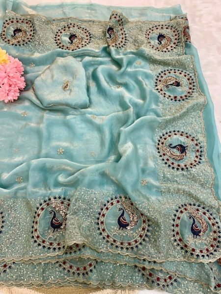 Unique Sky Blue Designer Space Satin Silk Saree with Thread Sequins Embroidery For Party Sarees 