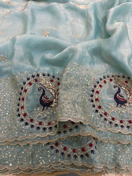 Unique Sky Blue Designer Space Satin Silk Saree with Thread Sequins Embroidery For Party Designer Wedding Sarees Wholesale