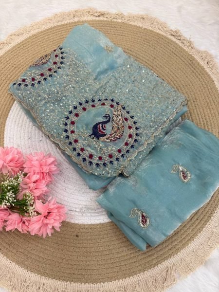 Unique Sky Blue Designer Space Satin Silk Saree with Thread Sequins Embroidery For Party Designer Wedding Sarees Wholesale