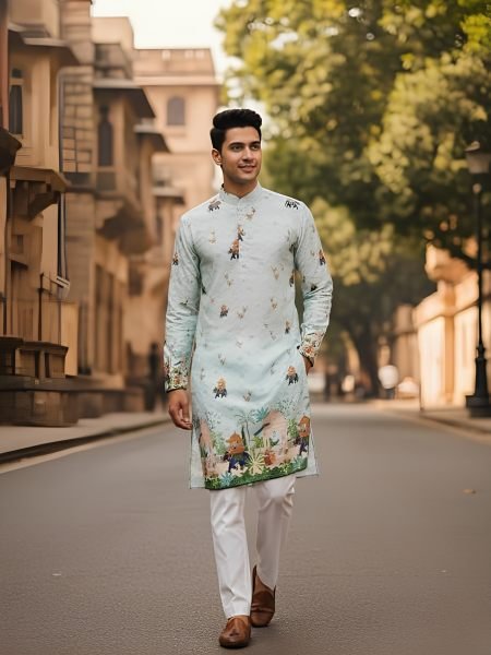 Unique Sky Blue Festive Wear Men s Cotton Kurta with Crochet Sequins Embroidery Mens Wear