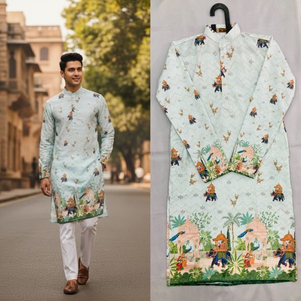 Unique Sky Blue Festive Wear Men s Cotton Kurta with Crochet Sequins Embroidery Kurta Pajama Wholesale