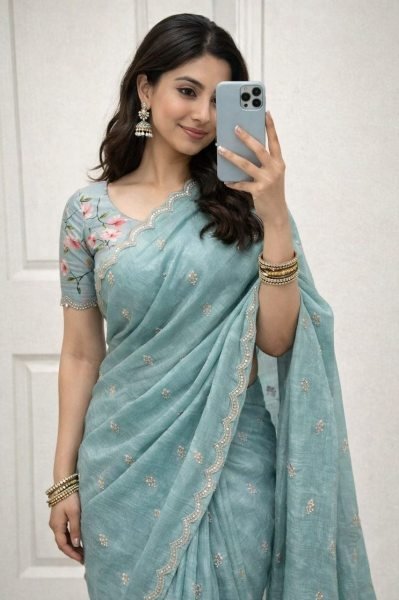 Unique Sky Blue Georgette Crush Saree with Embroidery Butti and Floral Blouse Embroidery Sarees Wholesale