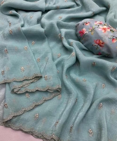 Unique Sky Blue Georgette Crush Saree with Embroidery Butti and Floral Blouse Embroidery Sarees Wholesale