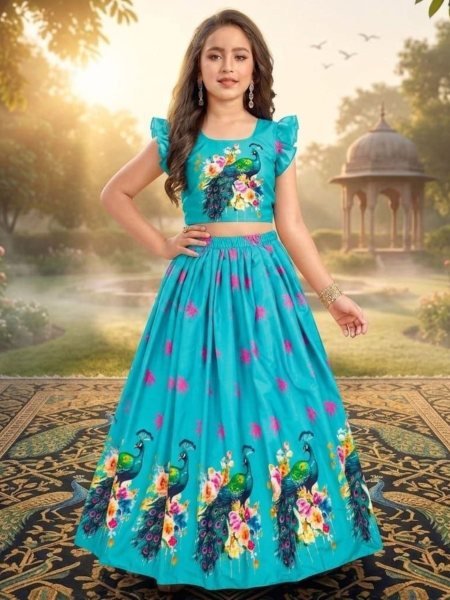 Unique Sky Blue Ready to Wear Lehenga Set with Digital Print Blouse and Fancy Latkan Kurtis