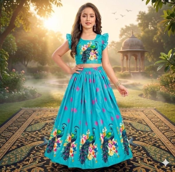 Unique Sky Blue Ready to Wear Lehenga Set with Digital Print Blouse and Fancy Latkan Girls Wear