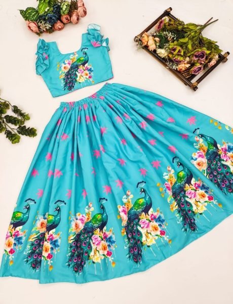 Unique Sky Blue Ready to Wear Lehenga Set with Digital Print Blouse and Fancy Latkan Girls Wear