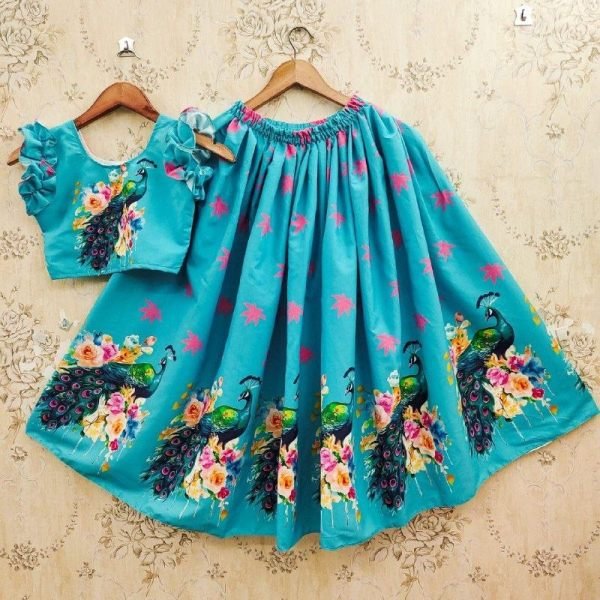 Unique Sky Blue Ready to Wear Lehenga Set with Digital Print Blouse and Fancy Latkan Girls Wear