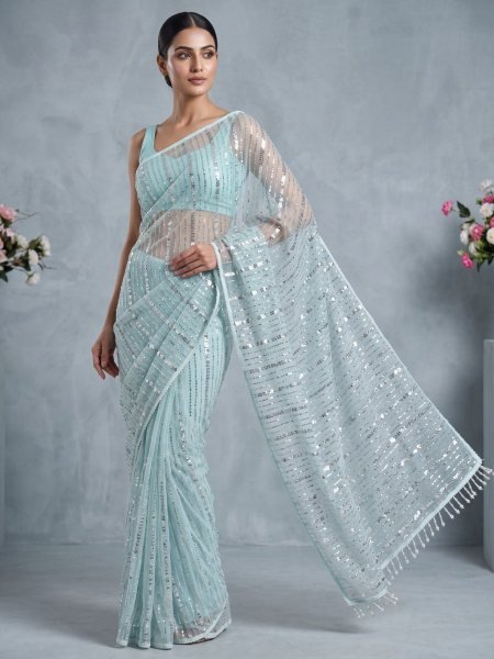 Unique Sky Blue Soft Net Saree with Heavy Beads Embroidery and Fancy Worked Blouse Sarees 