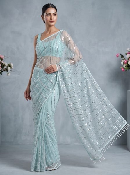 Unique Sky Blue Soft Net Saree with Heavy Beads Embroidery and Fancy Worked Blouse Bollywood Fancy Sarees Wholesale
