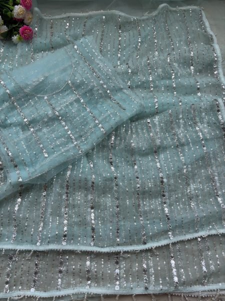 Unique Sky Blue Soft Net Saree with Heavy Beads Embroidery and Fancy Worked Blouse Bollywood Fancy Sarees Wholesale