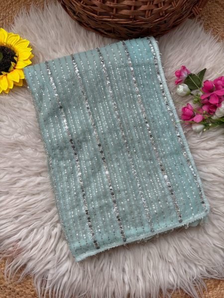 Unique Sky Blue Soft Net Saree with Heavy Beads Embroidery and Fancy Worked Blouse Bollywood Fancy Sarees Wholesale