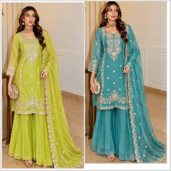 Unique Teal Blue  Fully Stitched Shalsa Crash Sharara Set with Embroidery Work  Ready To Wear Collection