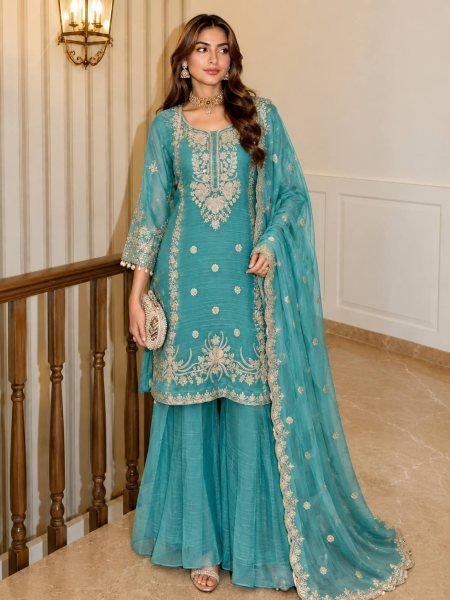 Unique Teal Blue  Fully Stitched Shalsa Crash Sharara Set with Embroidery Work  Ready To Wear Collection