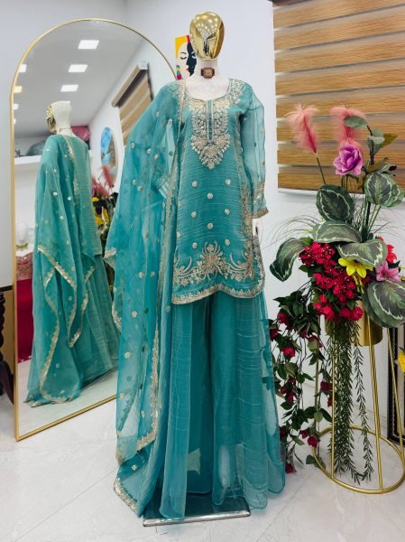Unique Teal Blue  Fully Stitched Shalsa Crash Sharara Set with Embroidery Work  Ready To Wear Collection