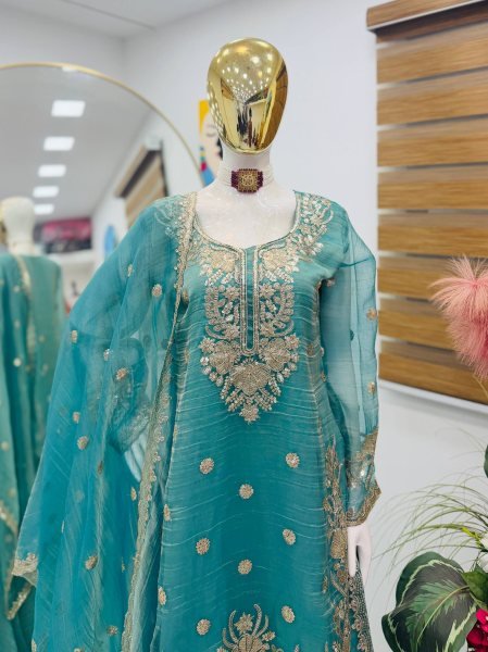 Unique Teal Blue  Fully Stitched Shalsa Crash Sharara Set with Embroidery Work  Ready To Wear Collection