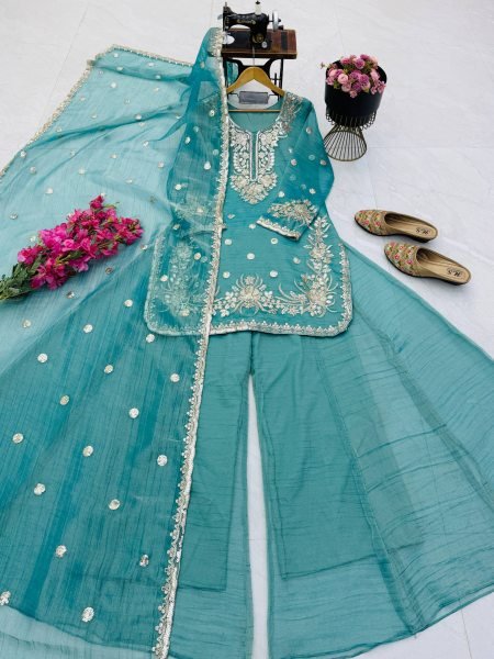 Unique Teal Blue  Fully Stitched Shalsa Crash Sharara Set with Embroidery Work  Ready To Wear Collection