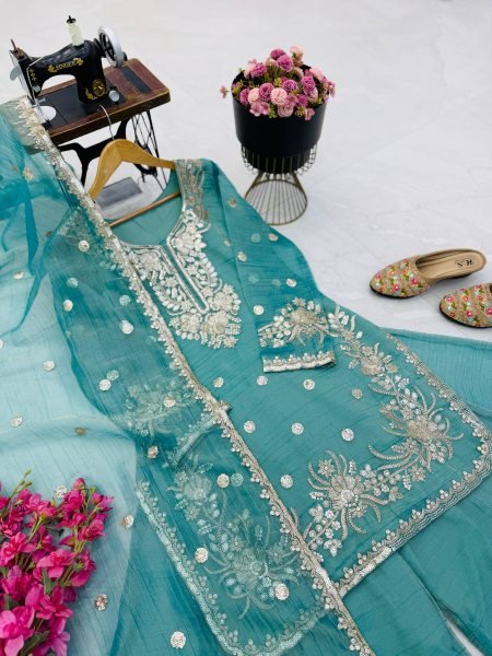Unique Teal Blue  Fully Stitched Shalsa Crash Sharara Set with Embroidery Work  Ready To Wear Collection