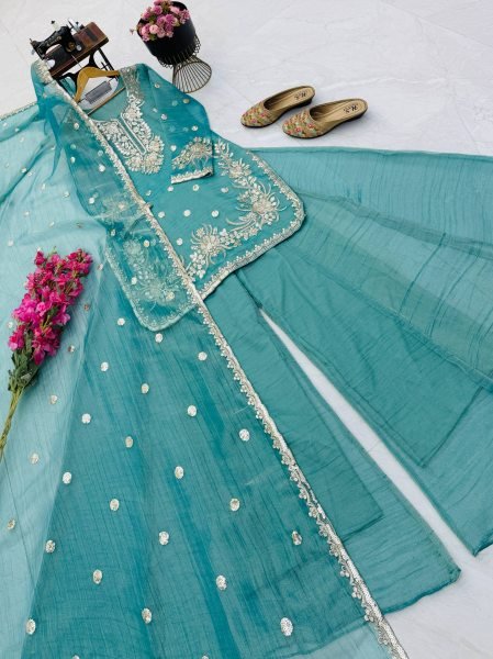 Unique Teal Blue  Fully Stitched Shalsa Crash Sharara Set with Embroidery Work  Ready To Wear Collection