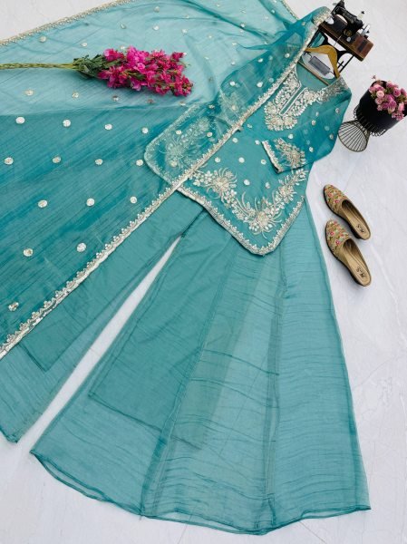 Unique Teal Blue  Fully Stitched Shalsa Crash Sharara Set with Embroidery Work  Ready To Wear Collection