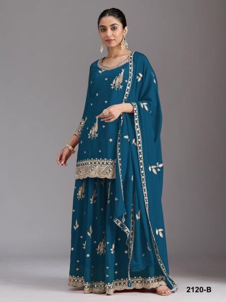 Unique Teal Blue Heavy Chinon 3 Piece Suit Set with Embroidery Work For Festival 