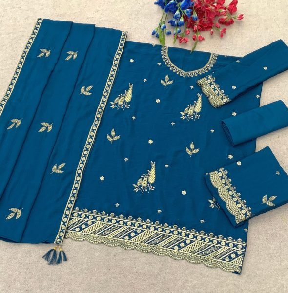 Unique Teal Blue Heavy Chinon 3 Piece Suit Set with Embroidery Work For Festival Designer Plazzo Salwar Suits Wholesale
