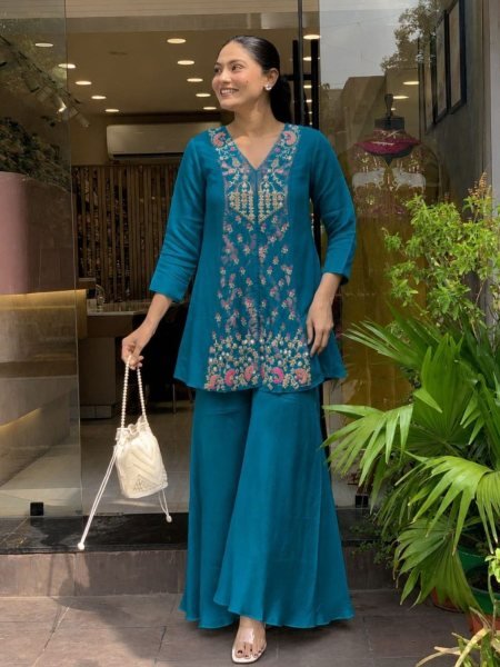 Unique Teal Blue Women s Roman Silk Embroidered Kurti with Matching Sharara CO ORD Sets