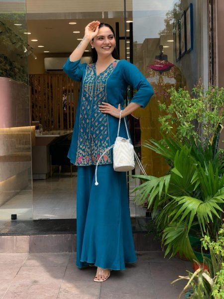 Unique Teal Blue Women s Roman Silk Embroidered Kurti with Matching Sharara CO ORD Sets