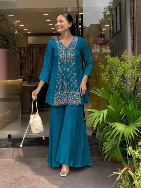 Unique Teal Blue Women s Roman Silk Embroidered Kurti with Matching Sharara CO ORD Sets