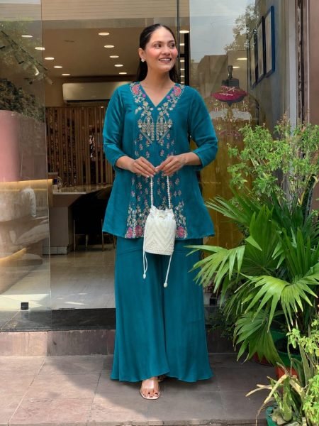 Unique Teal Blue Women s Roman Silk Embroidered Kurti with Matching Sharara CO ORD Sets