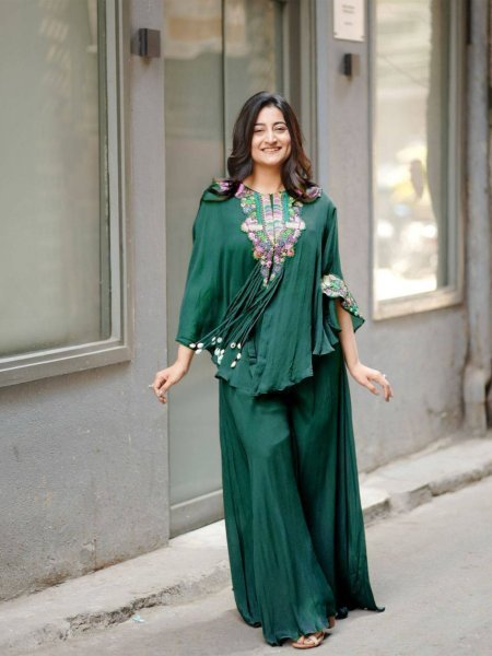 Unique Teal Green Boutique Collection Air Tex Chinon Indo Western set with Sequence Embroidery Work Ready To Wear Suit