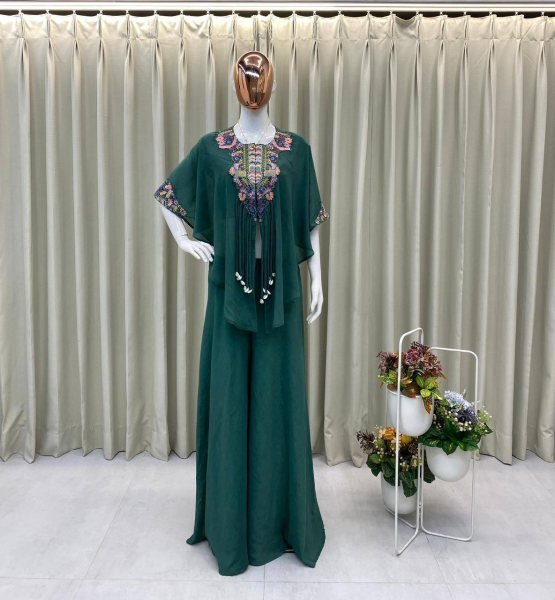 Unique Teal Green Boutique Collection Air Tex Chinon Indo Western set with Sequence Embroidery Work Ready To Wear Collection