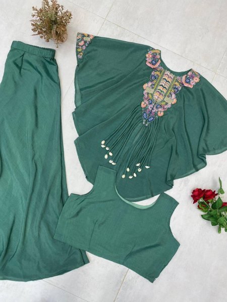 Unique Teal Green Boutique Collection Air Tex Chinon Indo Western set with Sequence Embroidery Work Ready To Wear Collection
