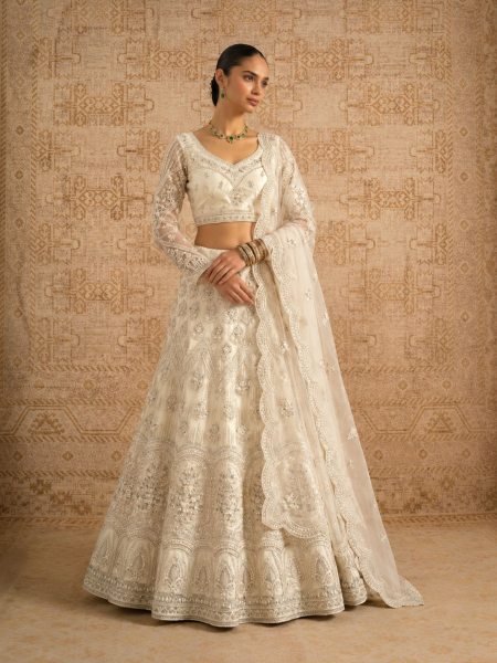 Unique White Butterfly Net Bridal Lehenga with Banglori Silk Inner for Women  Lehenga