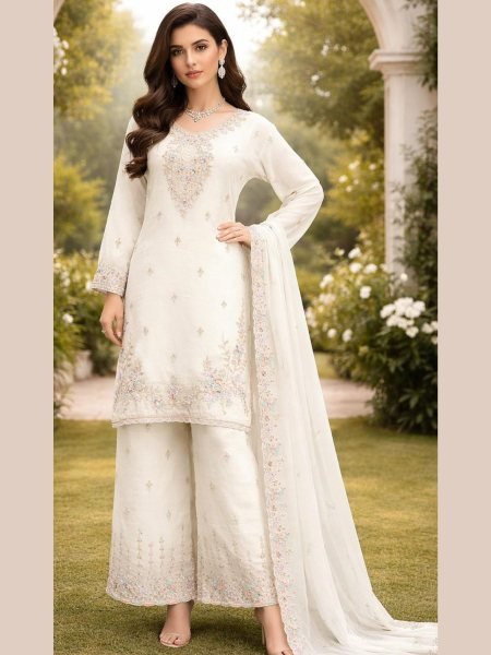 Unique White Designer Heavy Crunchy Ethnic Set with Beads Embroidery Salwar Kameez