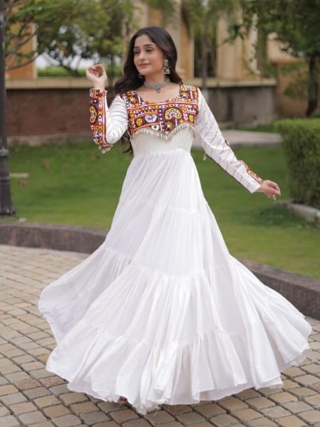 Unique White Festive Wear Rayon Gown with Gamthi Embroidery and Gota Patti Lace 