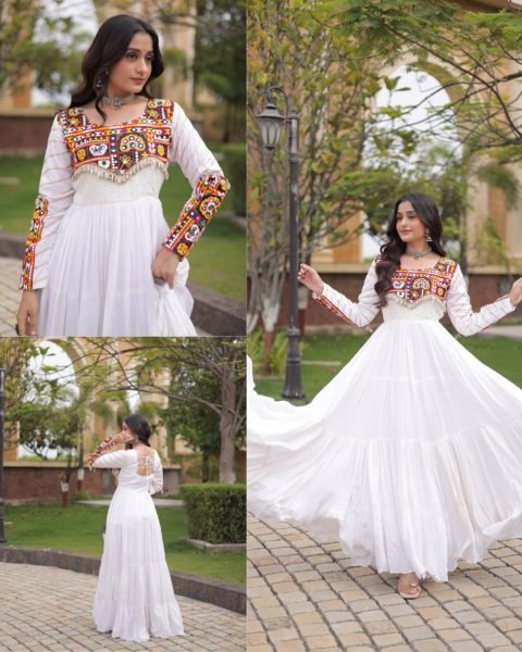 Unique White Festive Wear Rayon Gown with Gamthi Embroidery and Gota Patti Lace Anarkali Kurtis 