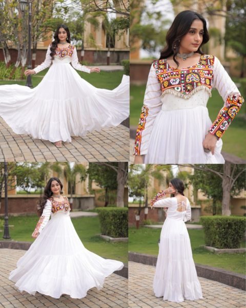 Unique White Festive Wear Rayon Gown with Gamthi Embroidery and Gota Patti Lace Anarkali Kurtis 