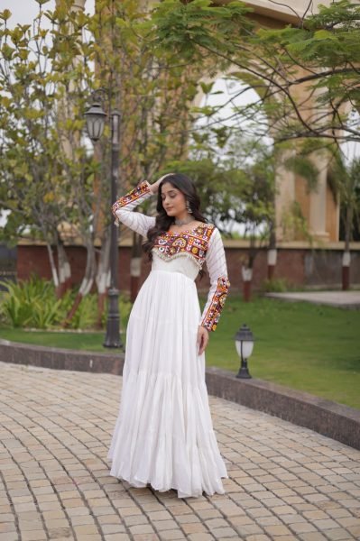 Unique White Festive Wear Rayon Gown with Gamthi Embroidery and Gota Patti Lace Anarkali Kurtis 