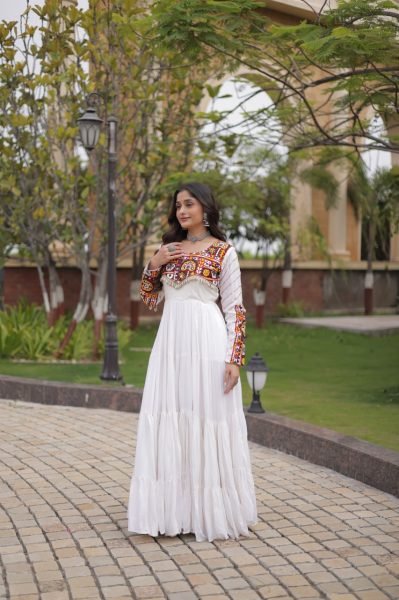 Unique White Festive Wear Rayon Gown with Gamthi Embroidery and Gota Patti Lace Anarkali Kurtis 