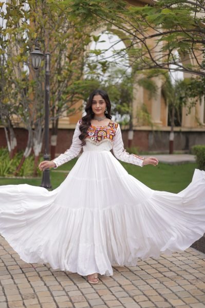 Unique White Festive Wear Rayon Gown with Gamthi Embroidery and Gota Patti Lace Anarkali Kurtis 