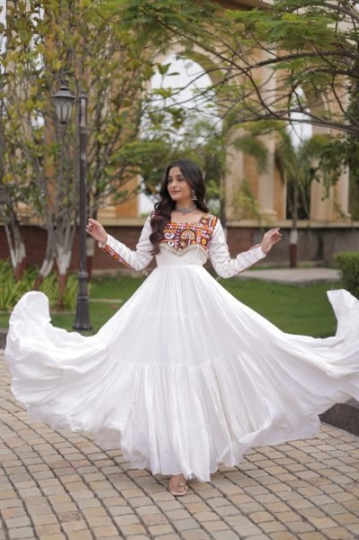 Unique White Festive Wear Rayon Gown with Gamthi Embroidery and Gota Patti Lace Anarkali Kurtis 