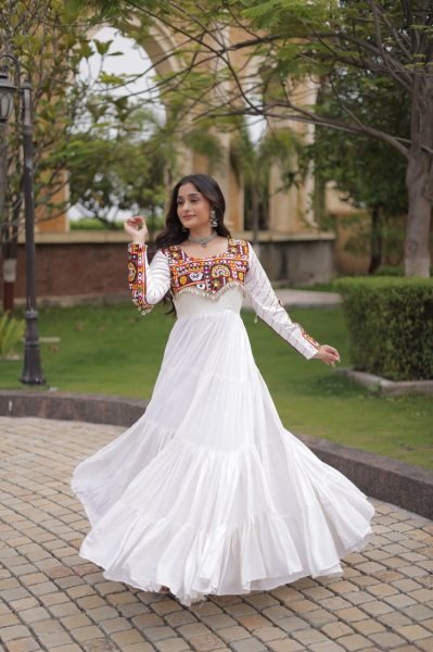 Unique White Festive Wear Rayon Gown with Gamthi Embroidery and Gota Patti Lace Anarkali Kurtis 