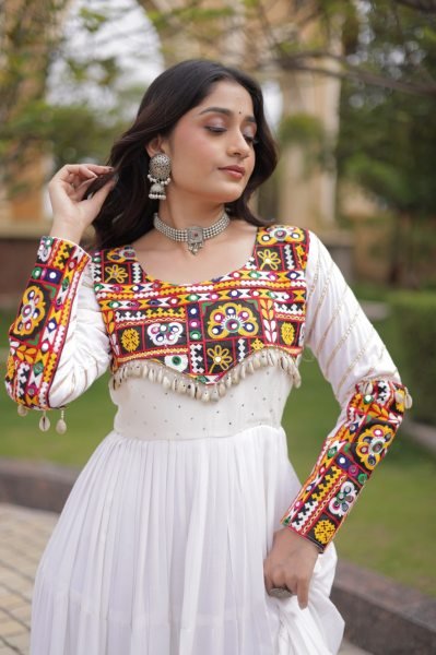 Unique White Festive Wear Rayon Gown with Gamthi Embroidery and Gota Patti Lace Anarkali Kurtis 