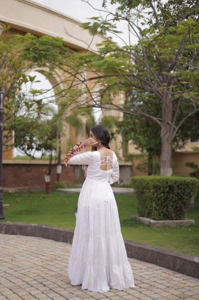 Unique White Festive Wear Rayon Gown with Gamthi Embroidery and Gota Patti Lace Anarkali Kurtis 