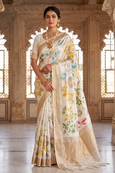 Unique White Khadi Crepe Saree with Fancy Latkan Design at Wholesale Price Silk Sarees Wholesale