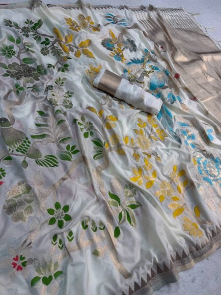 Unique White Khadi Crepe Saree with Fancy Latkan Design at Wholesale Price Silk Sarees Wholesale