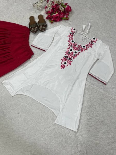 Unique White Pink Heavy Crepe Top with Farshi Salwar and Multi Needle Embroidery CO ORD Sets