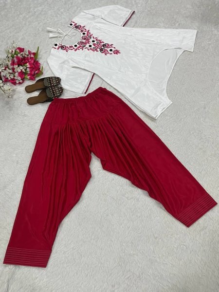 Unique White Pink Heavy Crepe Top with Farshi Salwar and Multi Needle Embroidery CO ORD Sets