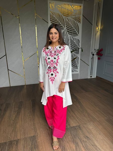 Unique White Pink Heavy Crepe Top with Farshi Salwar and Multi Needle Embroidery CO ORD Sets