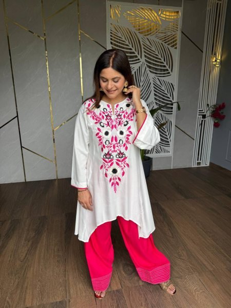 Unique White Pink Heavy Crepe Top with Farshi Salwar and Multi Needle Embroidery CO ORD Sets